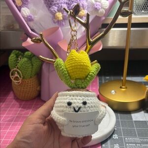 Yellow and White Crochet Plant Keychain